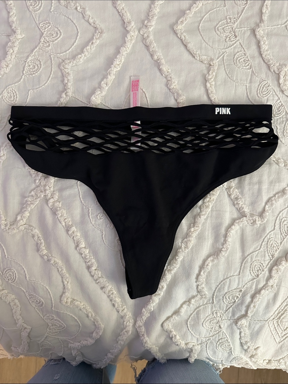 PINK Victoria's Secret Black Lattice-Trim Bikini Bottom
